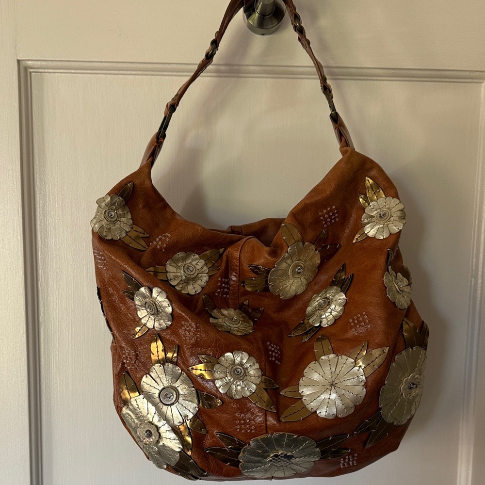 Cole Haan Floral Embellished Brown and Silver Hobo Bag